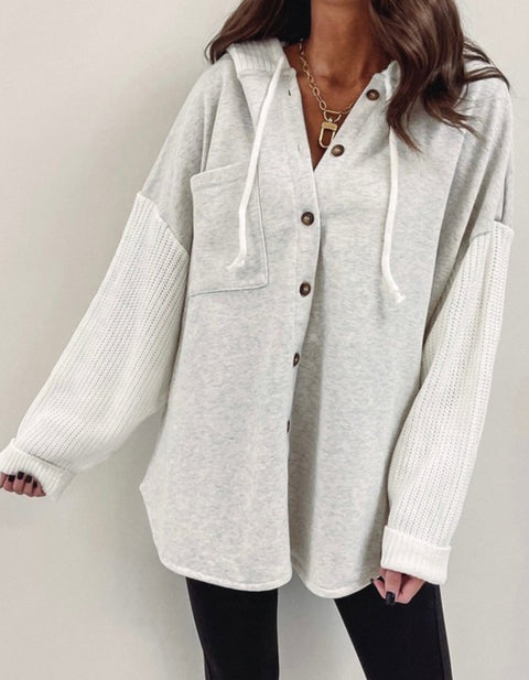 Button Up Contrast Sleeve Hoodie