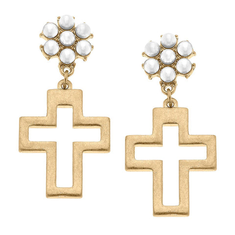 Charolotte Cross Pearl Cluster Drop Earrings