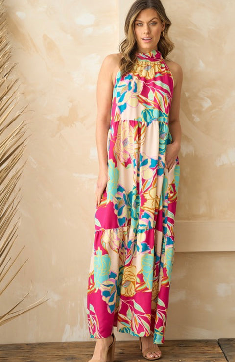 Fuchsia Haltered Neck Maxi Dress