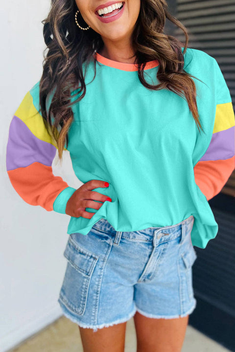 Turquoise Colorblock Long Sleeve Top