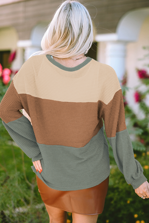 Textured Color Block Bubble Sleeve Baggy Top