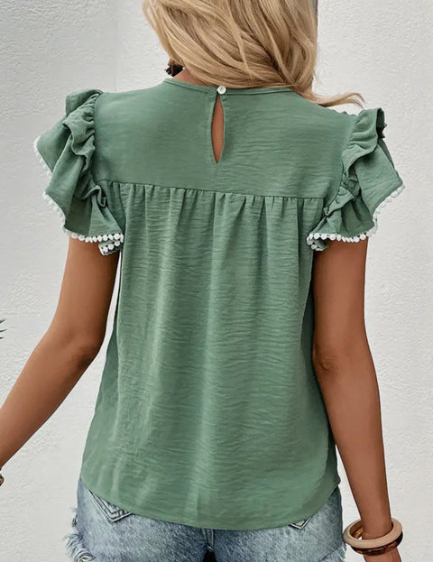 Green Smocked Ruffle Sleeve