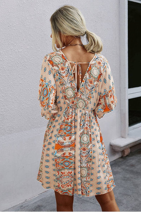 V Neck Half Sleeve Graphic Swing Dress