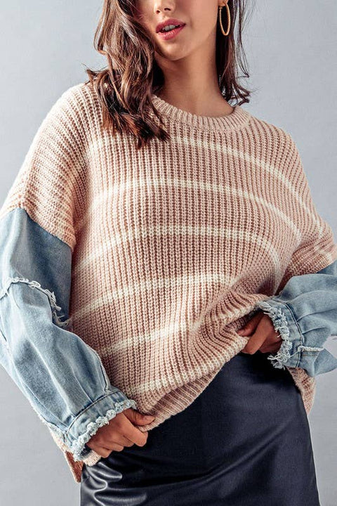 Striped Denim Two Tone Knit Sweater