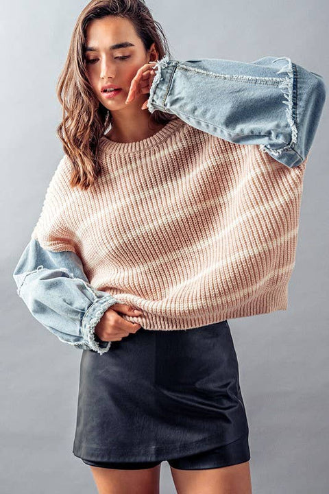 Striped Denim Two Tone Knit Sweater